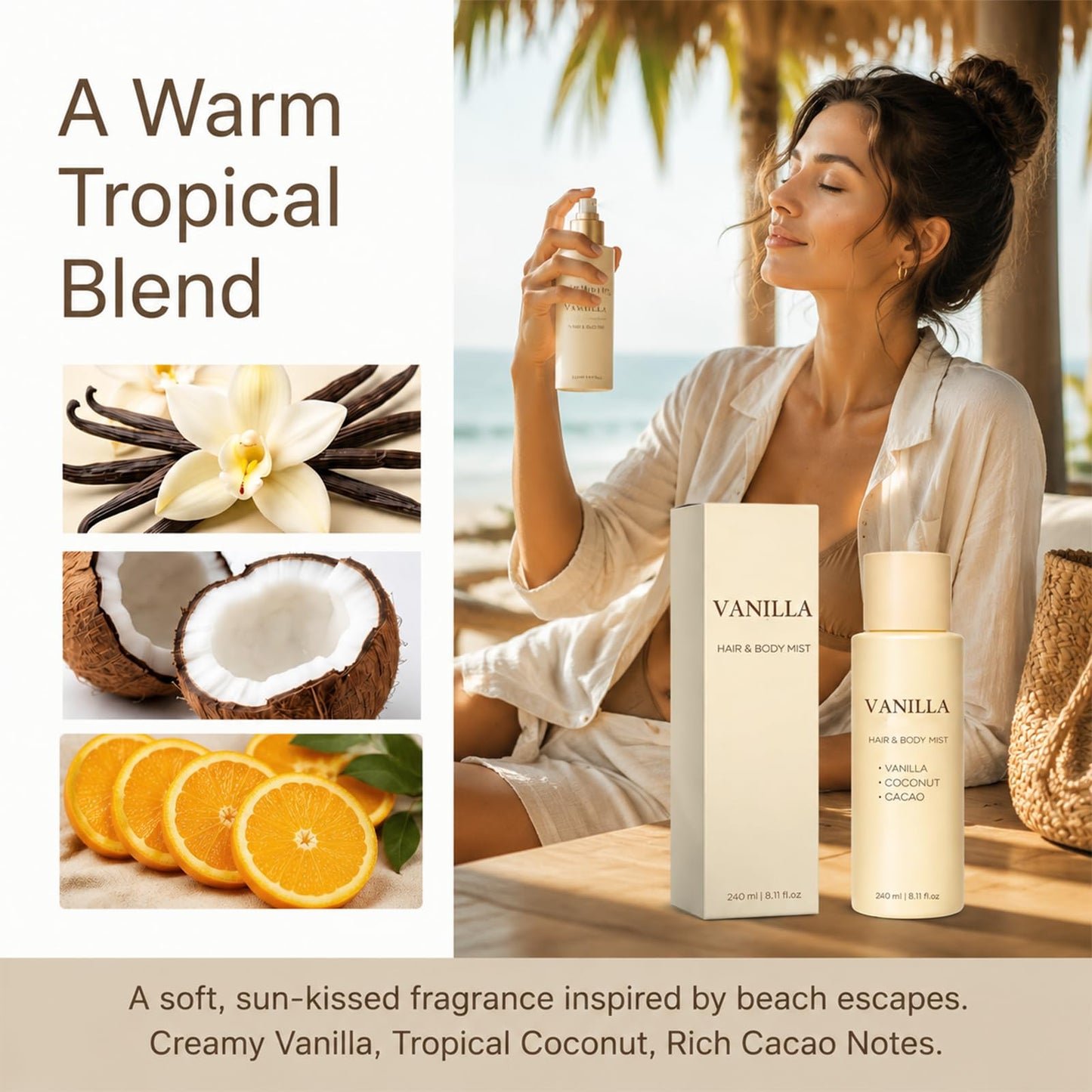 launary Vanilla on the Beach Hair and Body Mist, Warm Vanilla Coconut Fragrance Spray, Long-Lasting Tropical Hair Perfume Spray for Hair & Skin, Natural Vanillas & Beach Scent