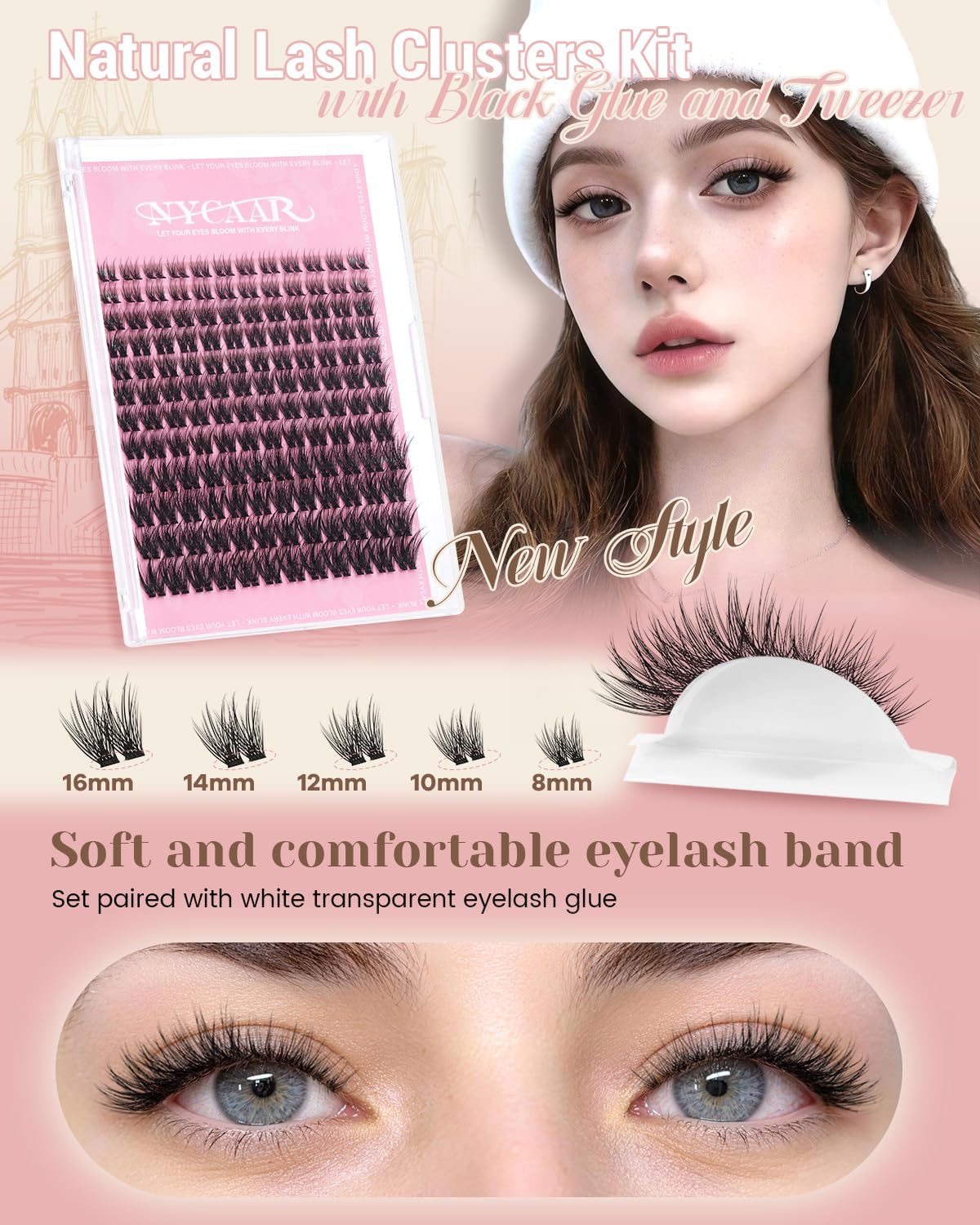 Natural Eyelash Clusters - 144pcs Wispy Lash Extensions | C Curl, Invisible Band, 8-16mm for Beginners