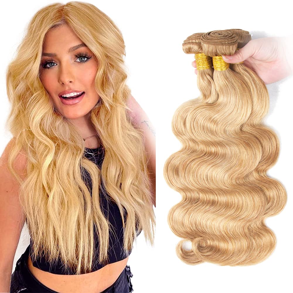 P27/613 Hilight Blonde Bundles Human Hair Body Wave Bundles 18 20 22 Inch Body Wave Bundles Unprocessed Brazilian Virgin Hair Deals Quick Weave Hair Extensions 3 Bundle 50 Gram Per Bundle