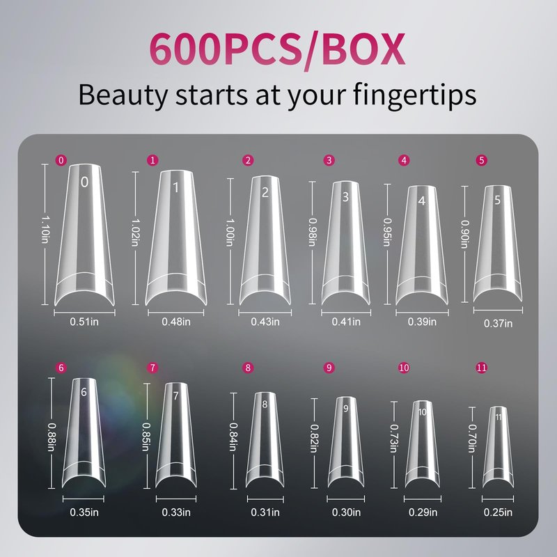krofaue 600PCS Half Cover Coffin Nail Tips - Acrylic Nail Tips 12 Size Clear False Nails Tips with Box for Nail Salons and Home DIY (Clear)
