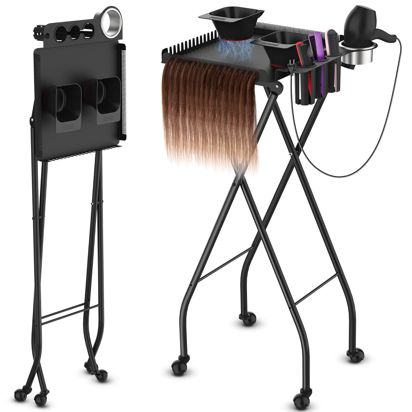 Professional Hair Styling Station Cart - Metal Rolling Salon Trolley with Magnetic Color Bowls & Tool Holder | Hair Extension Stand