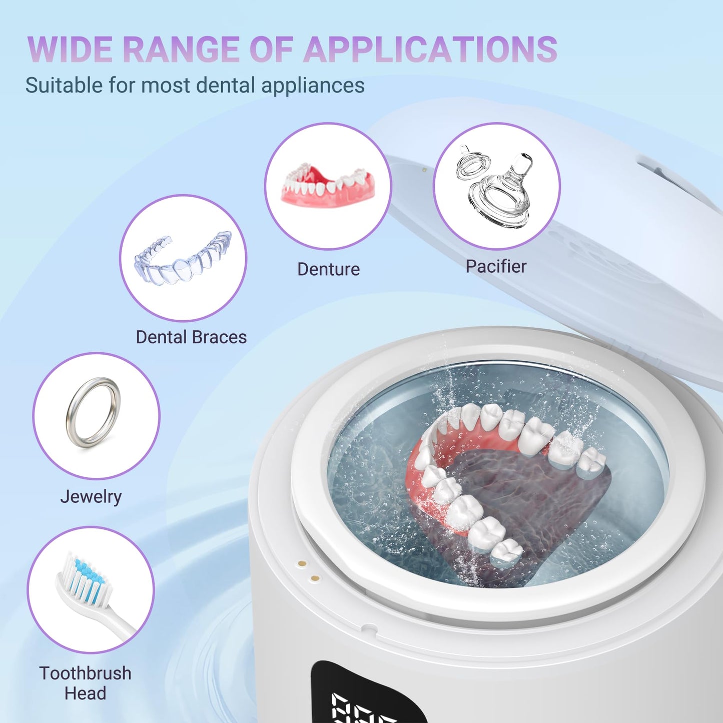 Ultrasonic Retainer Cleaner 25W Portable Ultrasonic Denture Cleaner Multi-Mode 45KHz with Drying and Removable Inner for Dental Trays, Braces, Jewelry, Toothbrushes, Mouth Guards, Aligners,Ring White