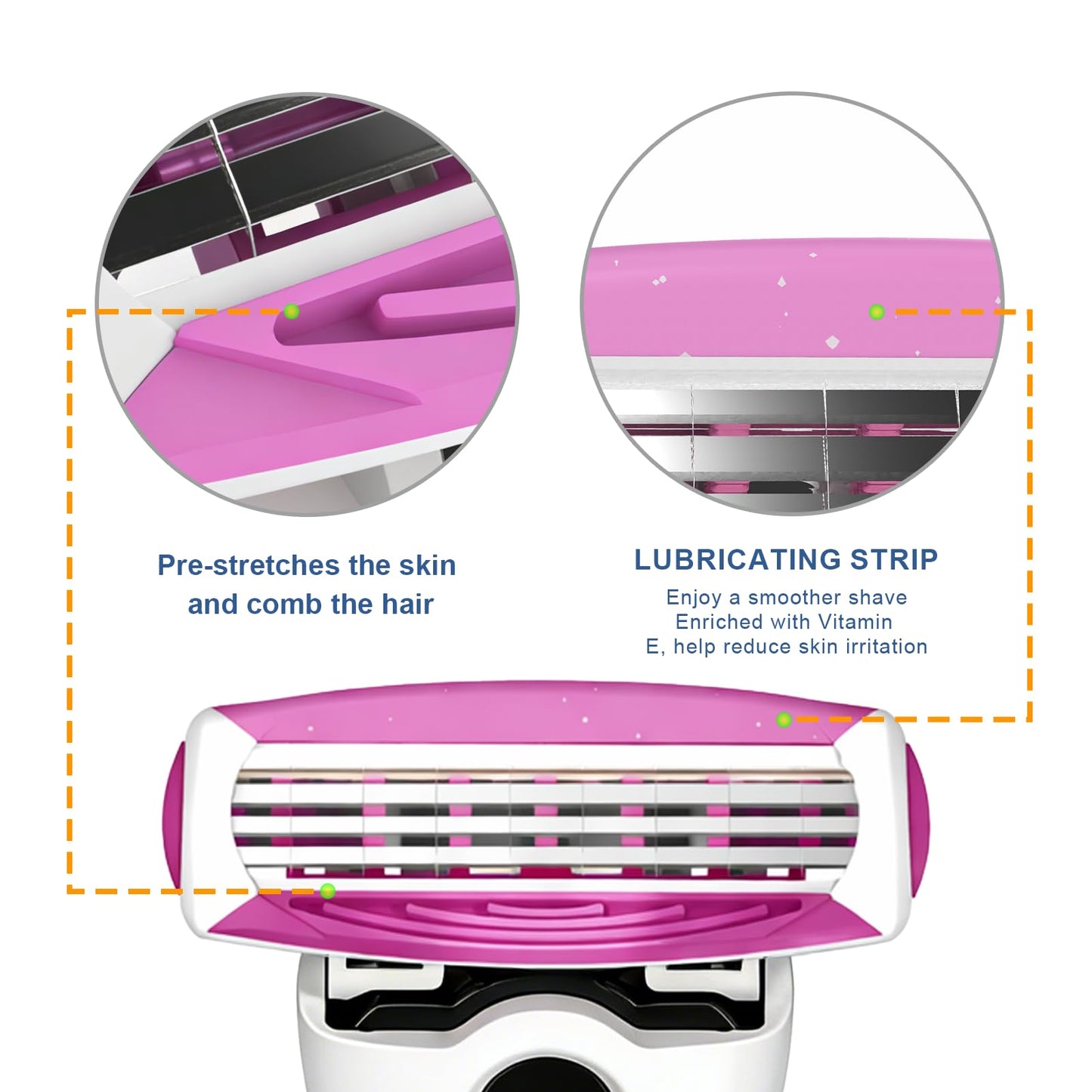 FYNEDGE Women's Safety Razor with 6 Replacement Blade Refills- 4 Blade Razors for Women, 1 Pink Handle Rubber Grip, 45° Pivoting Head, Lubricating Strip & Cleaning Brush for Smooth Shaving