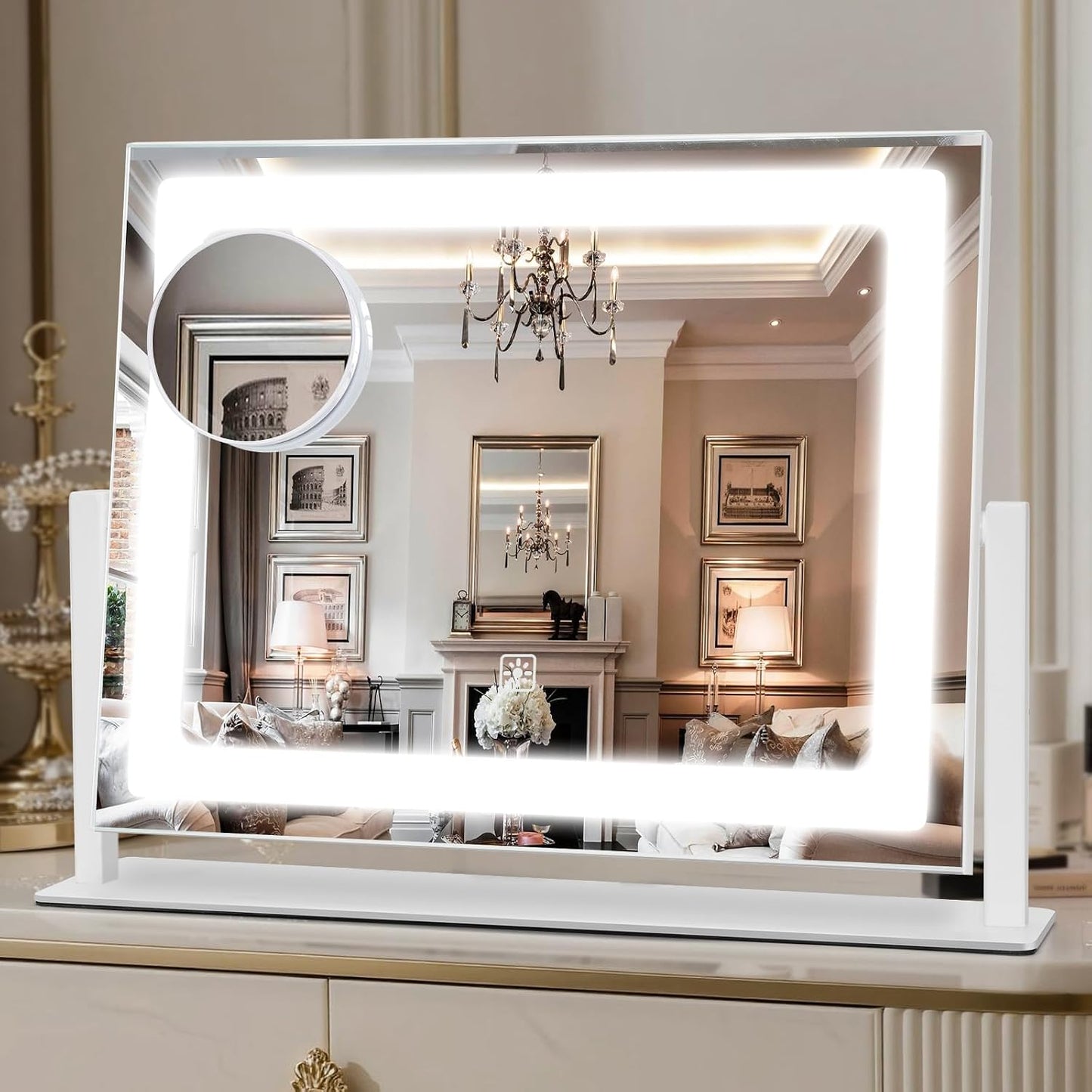 LED Makeup Mirror with Lights - 15" x 12.2" Dimmable Vanity Mirror with Smart Touch & 3-Color Lighting | 360° Rotation, White