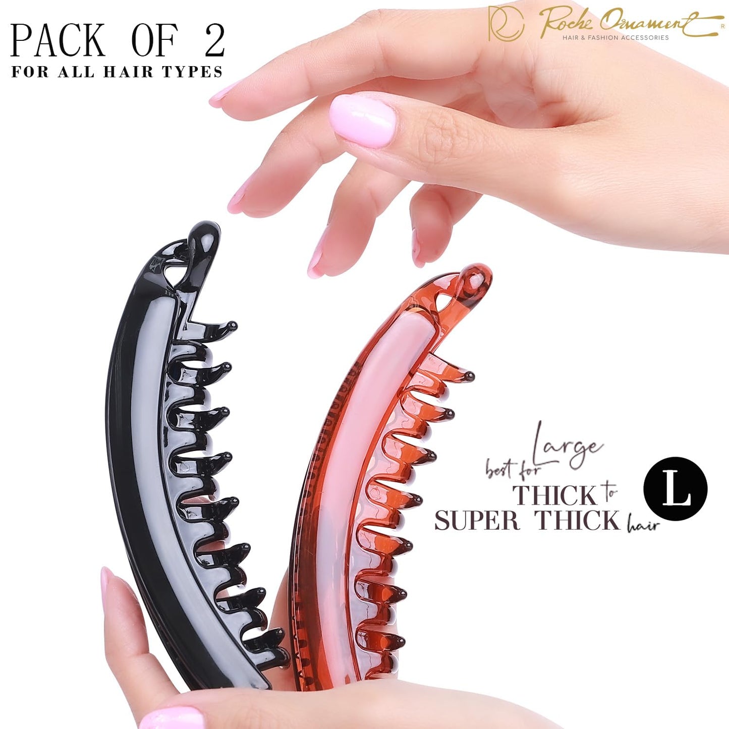 Large Banana Hair Clips for Women - 2 Pcs Thick Curly Ponytail Holders | Strong Hold, Black & Brown