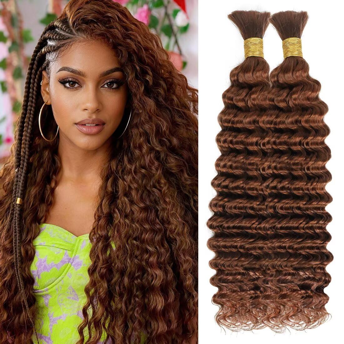 Boho Hair for Braiding, Curly Virgin Human Braiding Hair for Women, 12A Knotless Deep Wave Bulk Bohemian Styles, 100g 18 Inch 2 Bundles/Pack Auburn copper Color 30