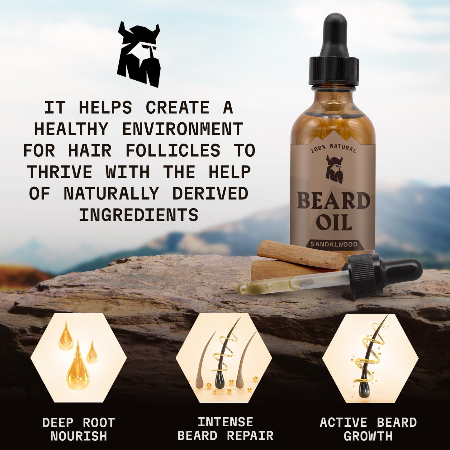 Striking Viking Natural Sandalwood Beard Oil for Men - 2 Fl Oz - Hydrating & Softening Beard Care - Non-Greasy Fast Absorbing with Tea Tree Oil - Nourishing Jojoba & Argan Extracts