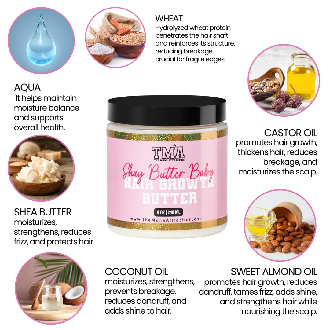 The Mane Attraction Shea Butter Baby Moisturizing Hair Butter – Deep Hydration & Length Retention Cream for Dry, Curly & Natural Hair – Shea Butter, Castor & Black Seed Oil – Frizz Control – 8oz