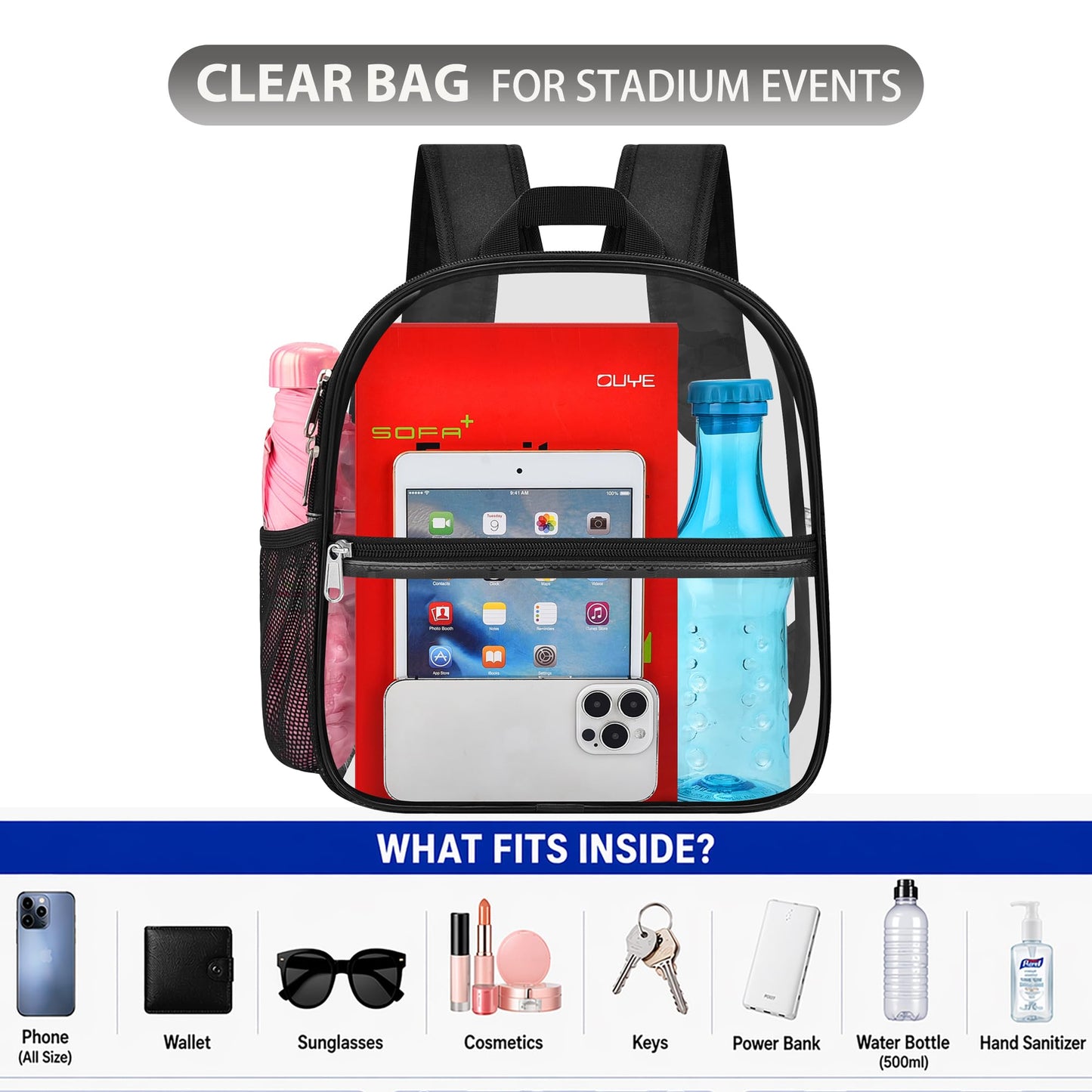 Oraben Clear Backpack Stadium Approved, Clear Bag 12 x 6 x 11 in, Small Transparent Backpack for Concerts, Sports Events, Festivals, Waterproof, Adjustable Straps, Women Men