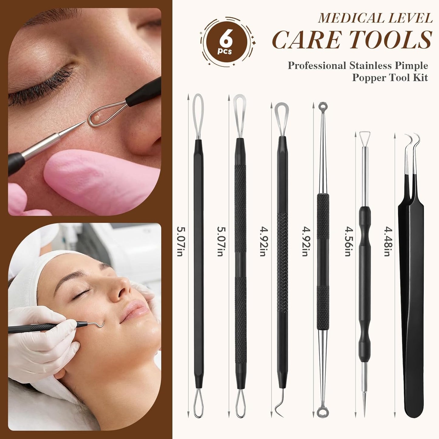 Pimple Extractor Tool Kit - 6 Stainless Steel Blackhead Remover Tools with Leather Case