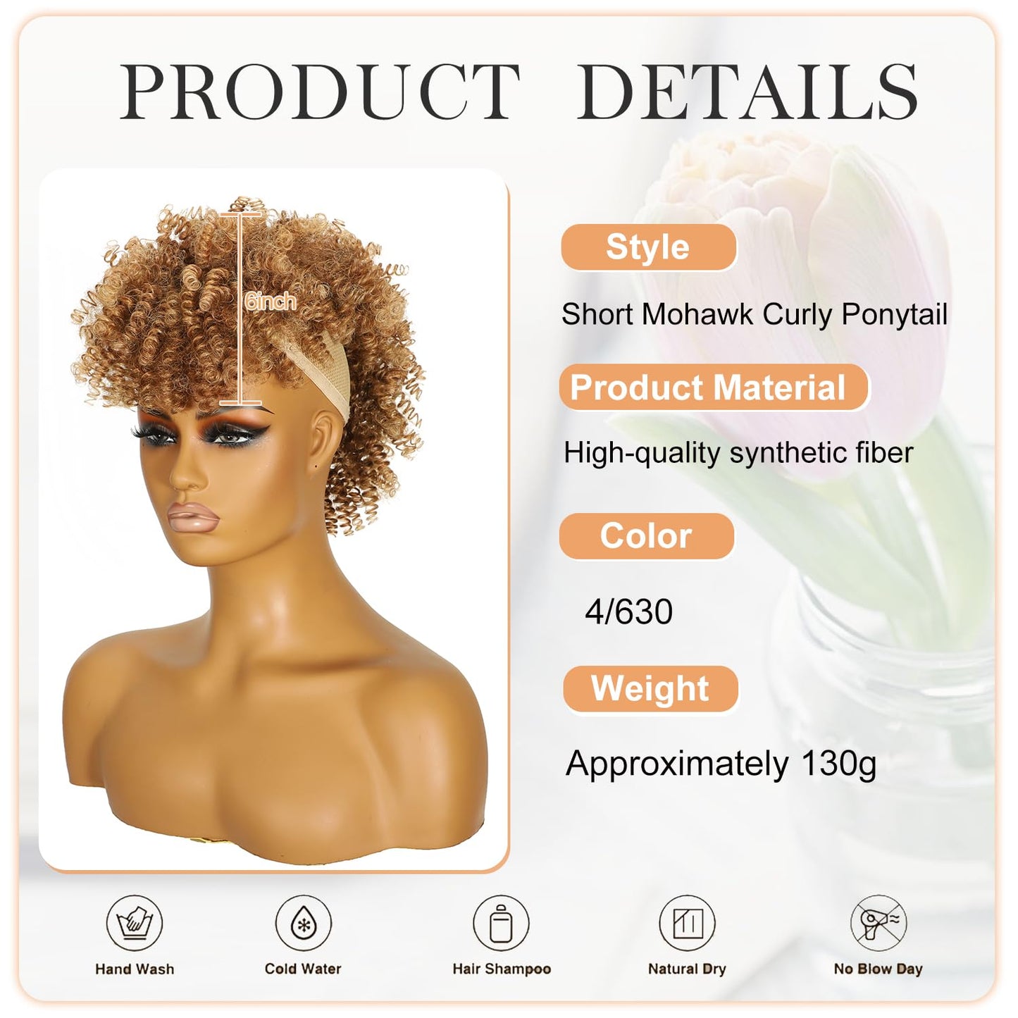 Jadeadyseg Mohawk Wig Kinky Curly Brown Ponytail Extension with Bangs,Short Curly Synthetic Clip in Mohawk Ponytail Extension with Six Clips and Two Combs Fluffy Hair for Daily Party Use 4/630