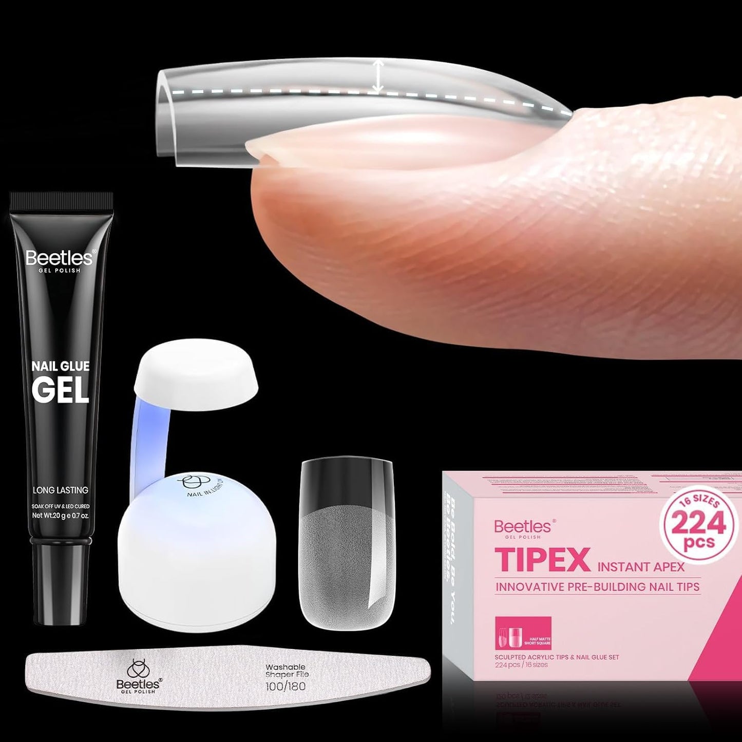 Beetles Tipex Gel Nail Kit - 224 Pcs Extra Short Square Nail Tips with Mini Lamp & Glue | 16 Sizes