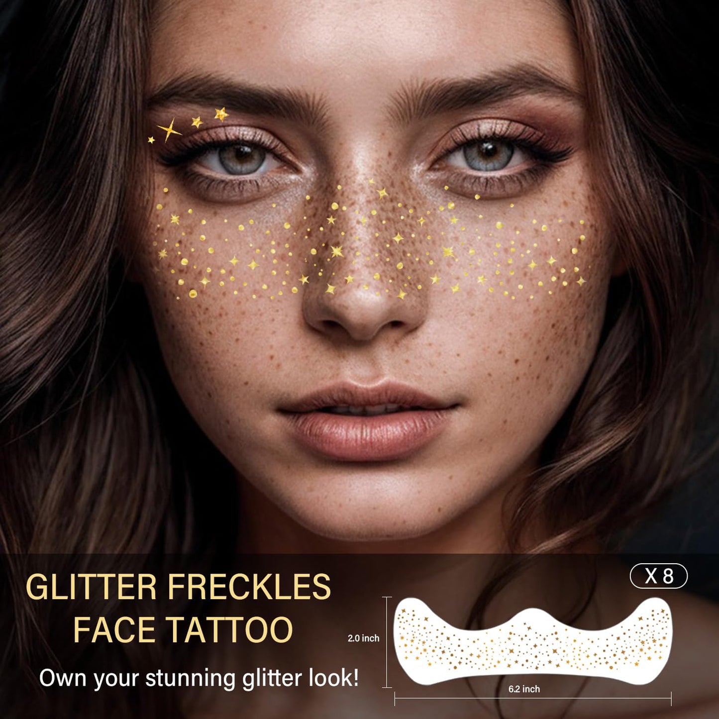 Gold Face Makeup Patches - 8 Pcs Glitter Freckles Temporary Tattoos | Waterproof Face Glitter for Women & Girls