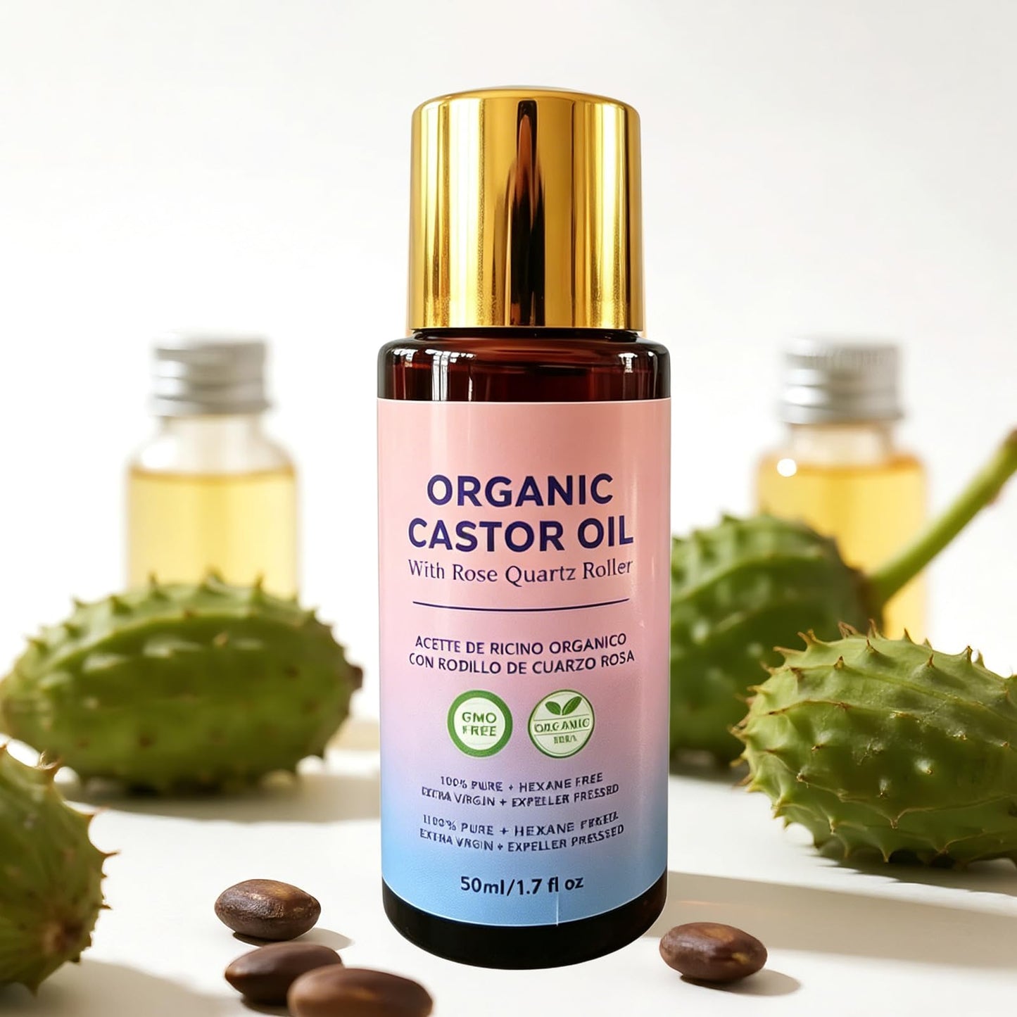 2 Pcs Organic Castor Oil with Rose Quartz Roller, 100% Castor Oil Organic Cold Pressed for Hair, Face & Body Skin Moisturizing Care, Hexane-Free.