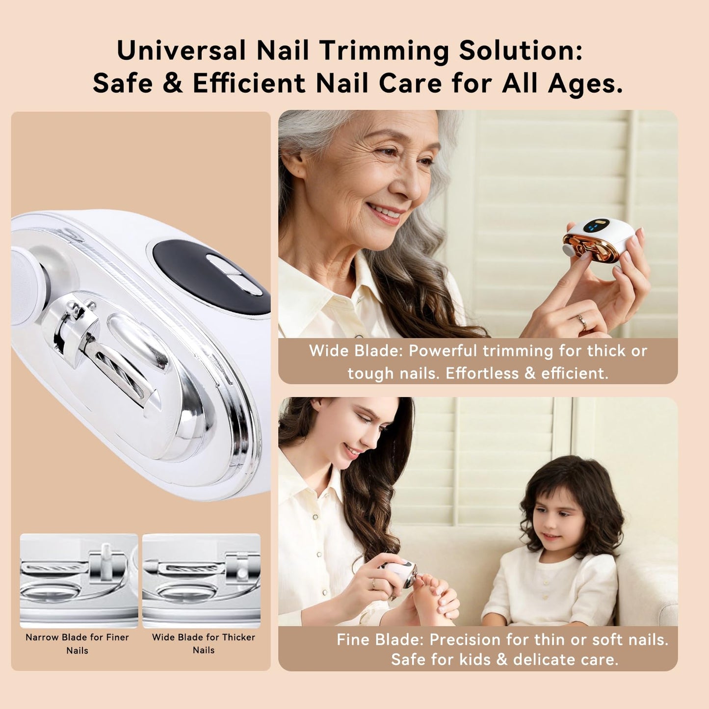 Electric Nail Clipper for Seniors & Adults - Dual-Blade 3-in-1 Automatic Nail Trimmer for Thick Nails with LED Light, Quiet 3-Speed Rechargeable Cutter with Debris Storage