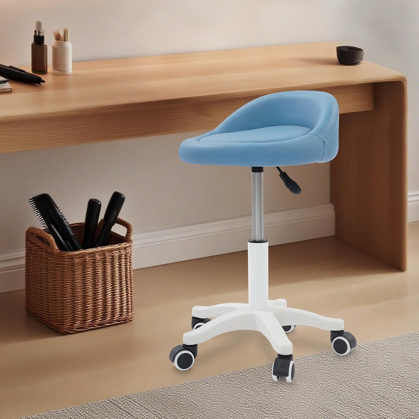 Adjustable Rolling Stool Chair - Round PU Leather Swivel Salon Stool with Backrest | Blue
