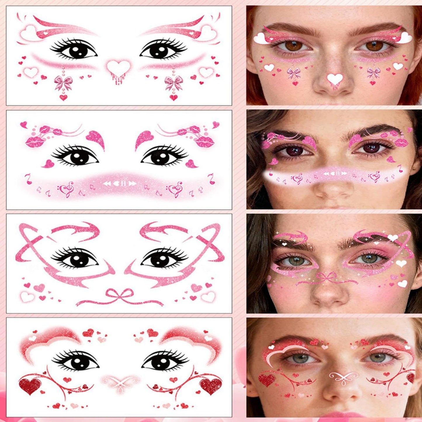 Mother's Day Temporary Tattoos Hearts Bow Blush Face Tattoos Mixed Styles Cartoon Pink Red Love Bowknot Eye Fake Tattoos Cute Stickers Waterproof Face Stickers for Body Art Makeup 10 Sheets