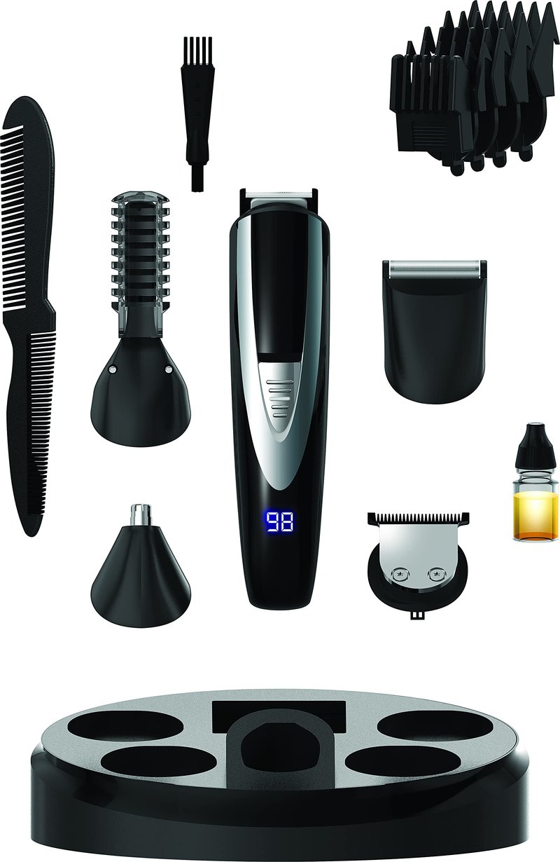 Perry Ellis 16-Piece Men’s Grooming Kit, Rechargeable Beard Trimmer, Electric Razor for Face, Body, Nose, and Ear Hair, LED Display, Foil Shaver Head, 5 Adjustable Trimming Guides, Charging Dock