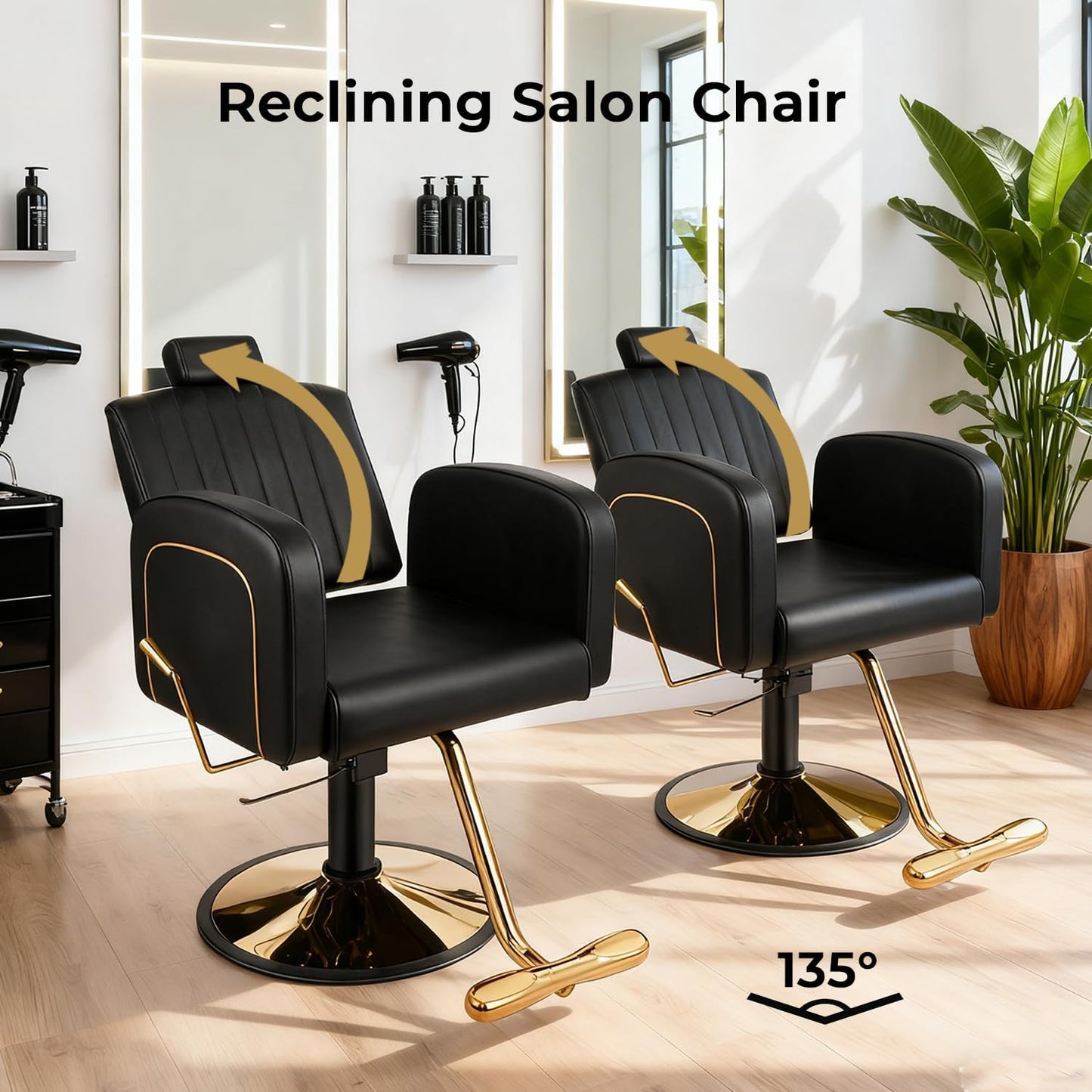 Reclining Salon Barber Chair - Black & Gold Heavy Duty Hydraulic with Adjustable Backrest | Supports 330 lbs, 360° Swivel