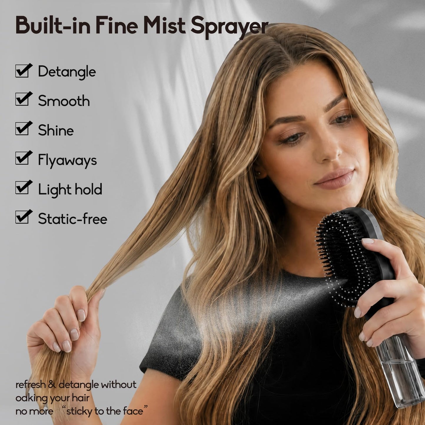 Misting Detangling Brush with Fine Continuous Spray, Anti-Static Mist Comb for Wet & Dry Hair, Frizz & Flyaway Control for Straight, Curly & Thick Hair, Black