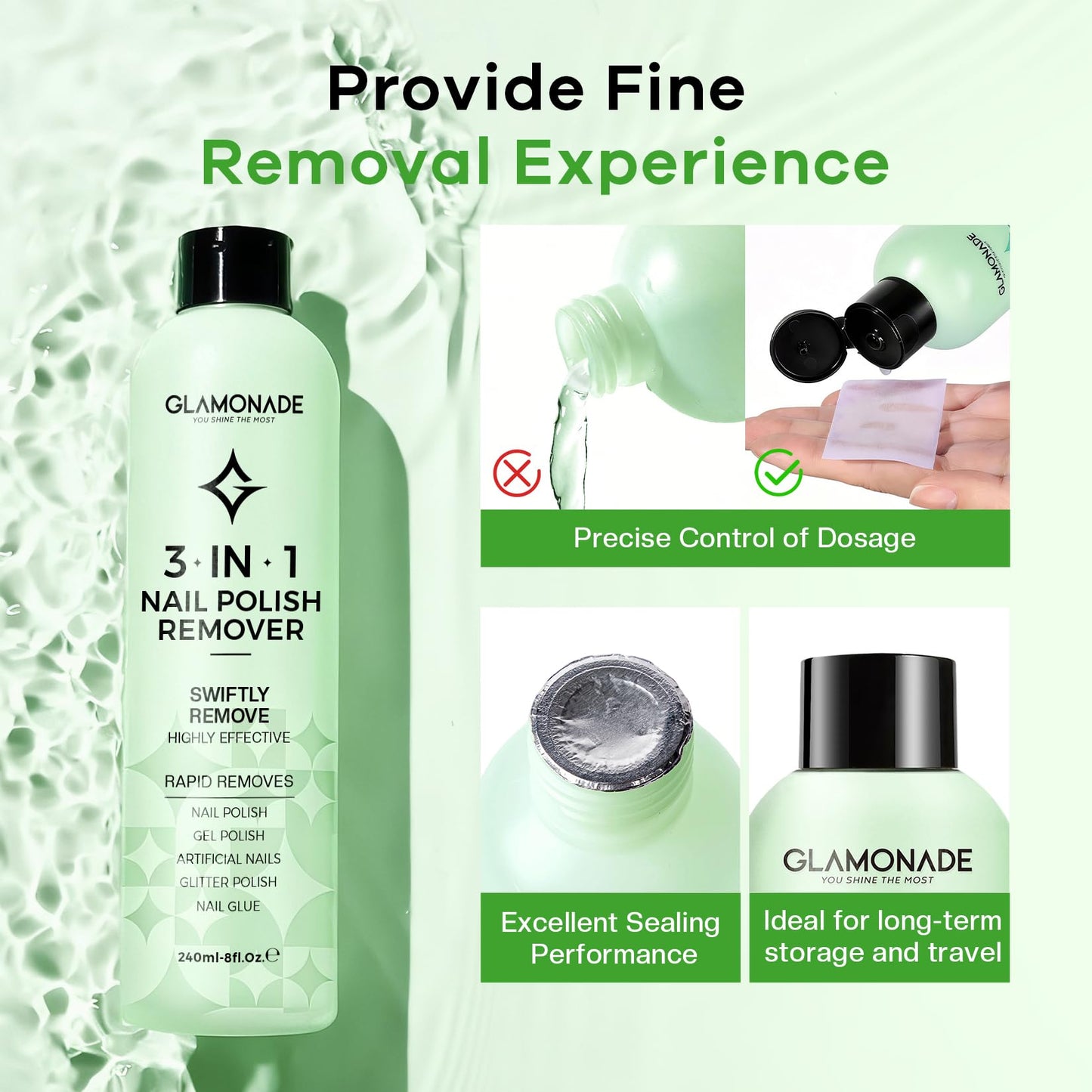 Glamonade Acetone Nail Polish Remover: Professional Soak off Gel Polish Remover Natural Formula Aloe Vera Essential Oil for Acrylic Dip Powder Nail Supplies for Home Salon(8 Fl.Oz.)