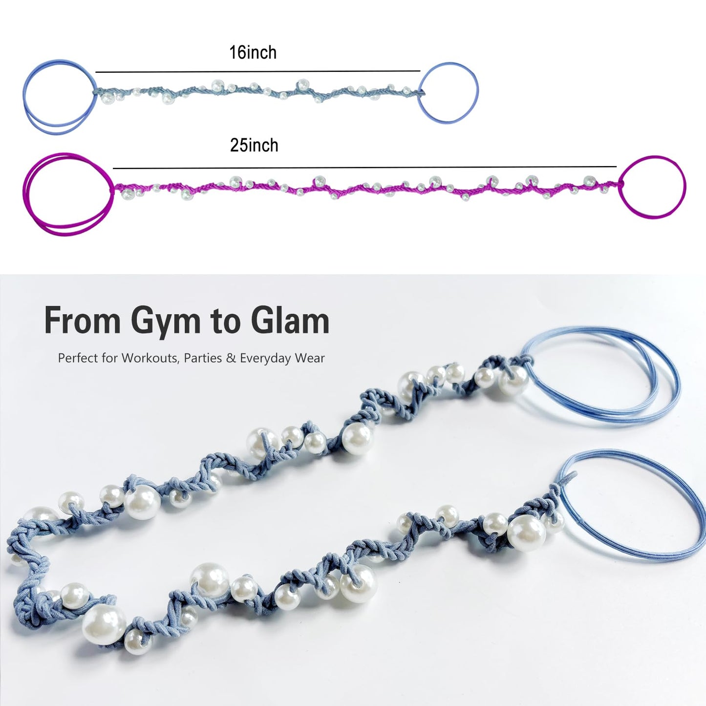 Spiral Hair Ties for Women No Hook, 25" Hand Braided Pearl Ponytail Holders Soft Pony Tail Wrap for Sports,Workouts,Daily Use,Swim,Beach, No-Damage Hair Accessories Hair Accessories (Steel Blue)