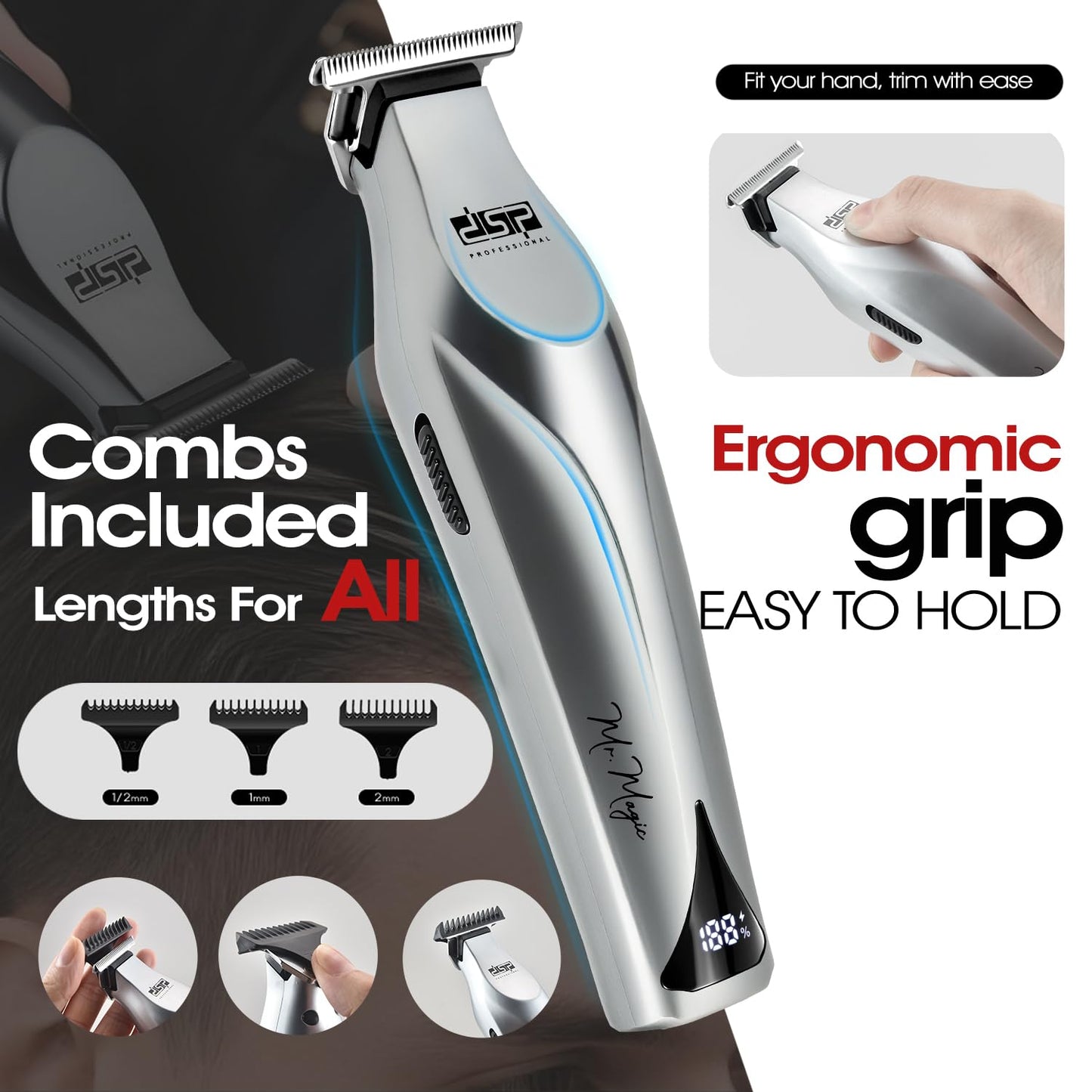DSP Professional Trimmers for Barbers, T Blade Beard Trimmer for Men, Cordless Zinc Alloy Material Edgers Trimmer (Silver)