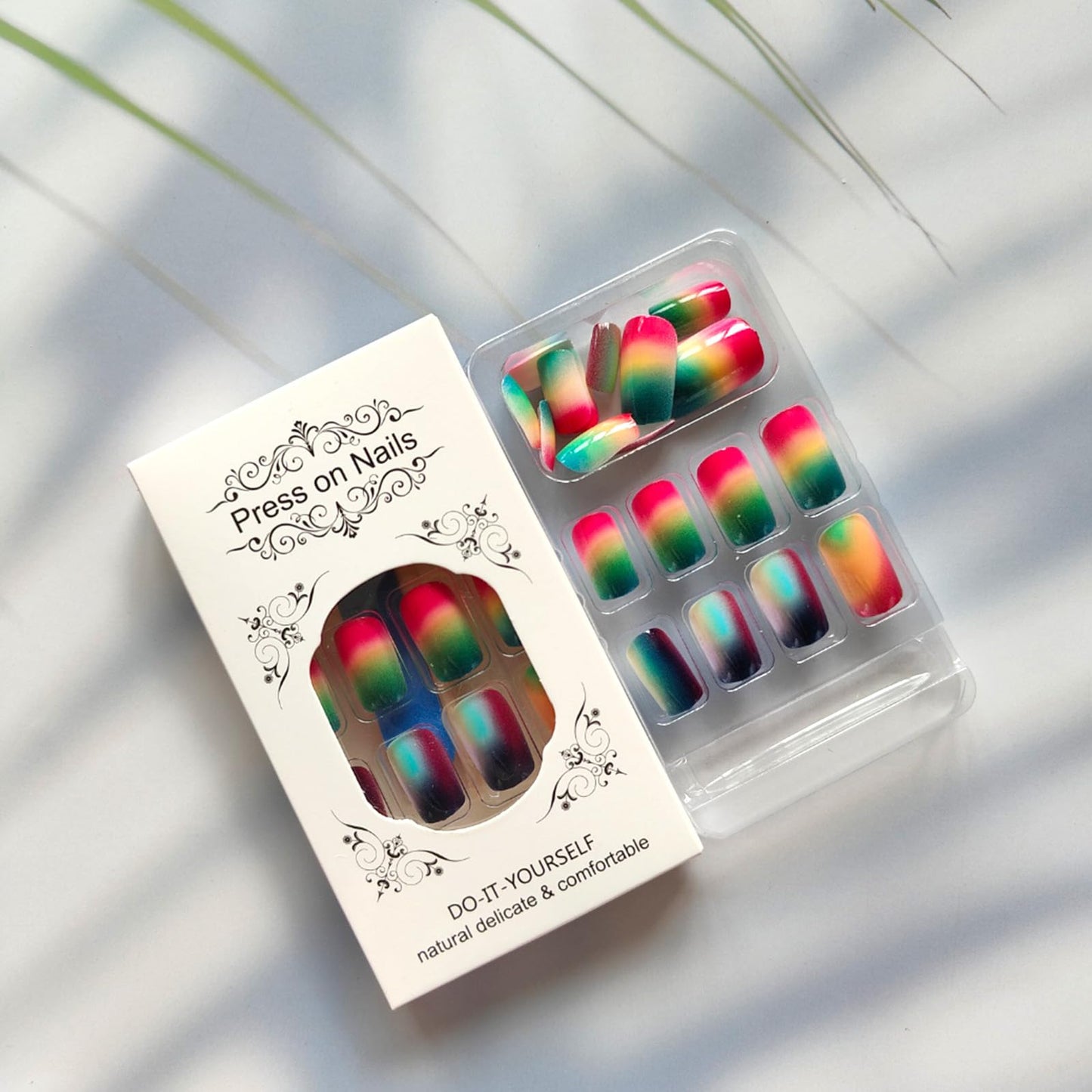 Ombre Press on Nails Colorful Gradient Smudge Fake Nails Medium Square False Nails Glossy Acrylic Nails Reusable Glue on Nails Spring Summer Full Cover Stick on Nails for Women 24Pcs