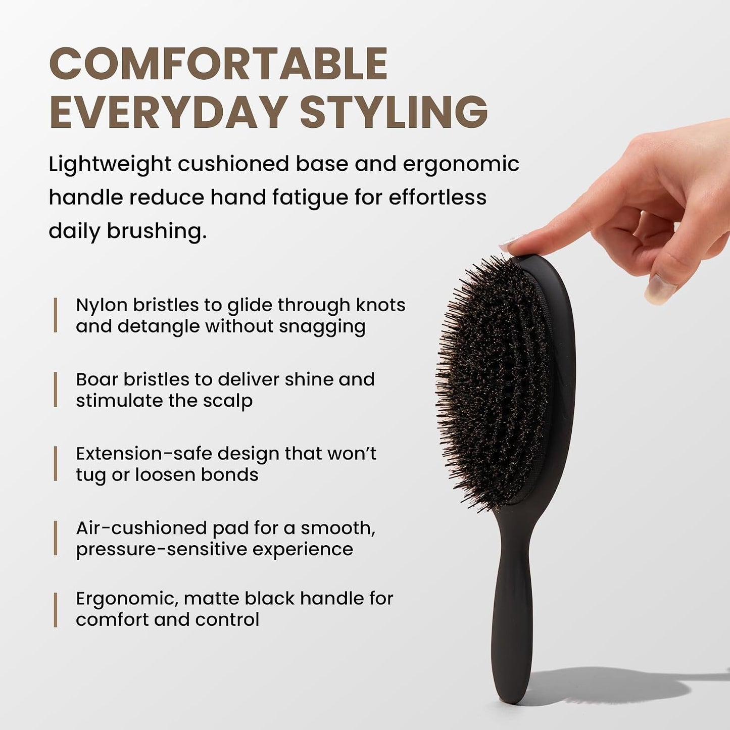 Professional Paddle Hair Brush - Tourmaline Cushion Brush with Boar Bristles for Gentle Detangling | Large Black
