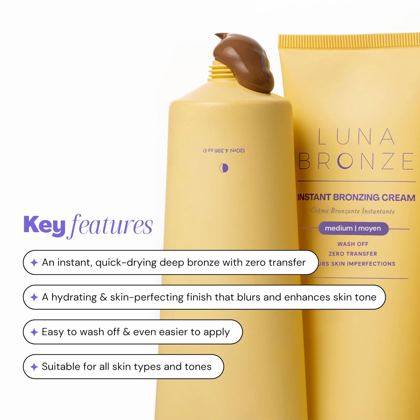 Luna Bronze Instant Bronzing Cream | Wash Off Body Bronzer and Skin Tint | Fast Drying, Streak Free, Non-Greasy Temporary Tan | Skincare Infused, Vegan and Cruelty Free (130ml/4.4 fl. oz)