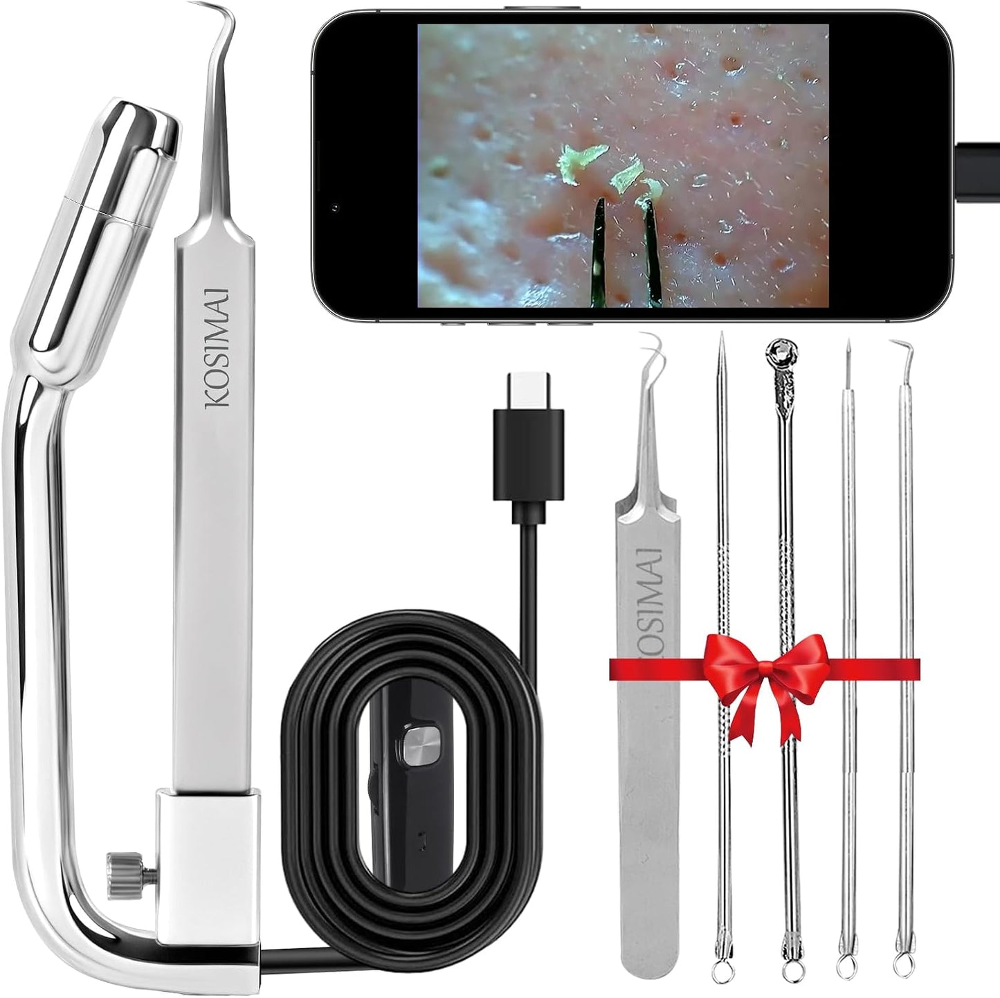 Blackhead Remover Tool - Professional Pimple Popper with 30X Magnification HD Camera | Silver Finish