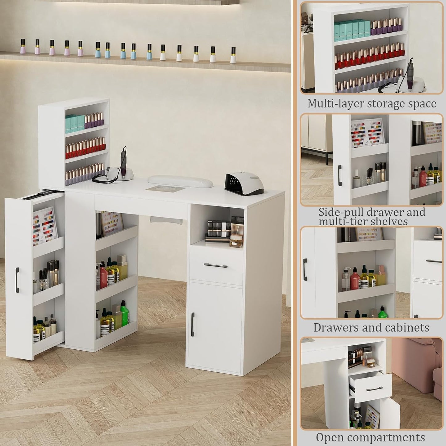 Professional Nail Desk - Modern Nail Table with Storage Cabinet, Fan & Dust Collector | Ideal for Nail Techs