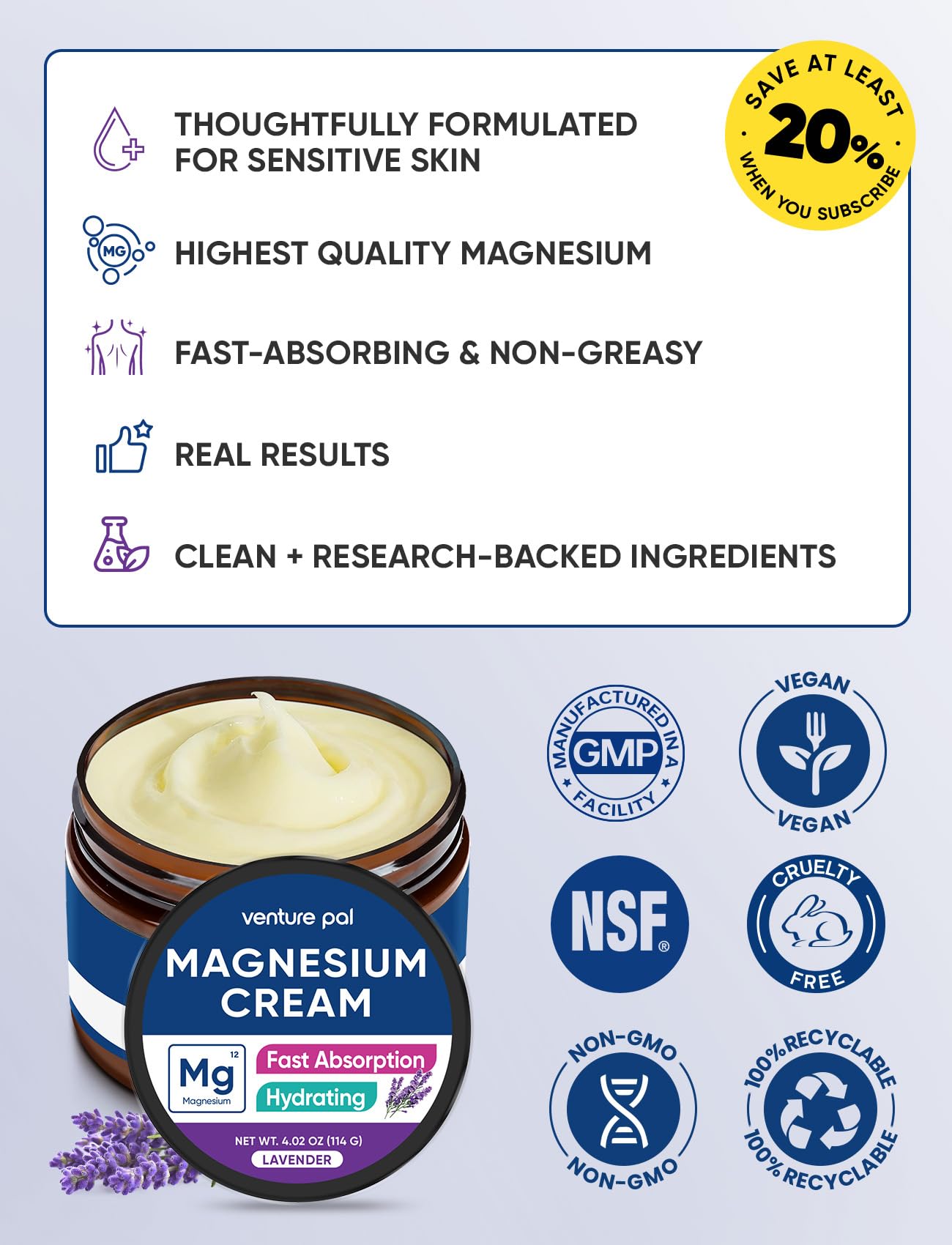 Venture Pal Topical Magnesium Cream, Fast-Absorbing Magnesium Moisturizing Lotion with Coconut Oil, Shea Butter & Hyaluronic Acid, Suitable for Kids