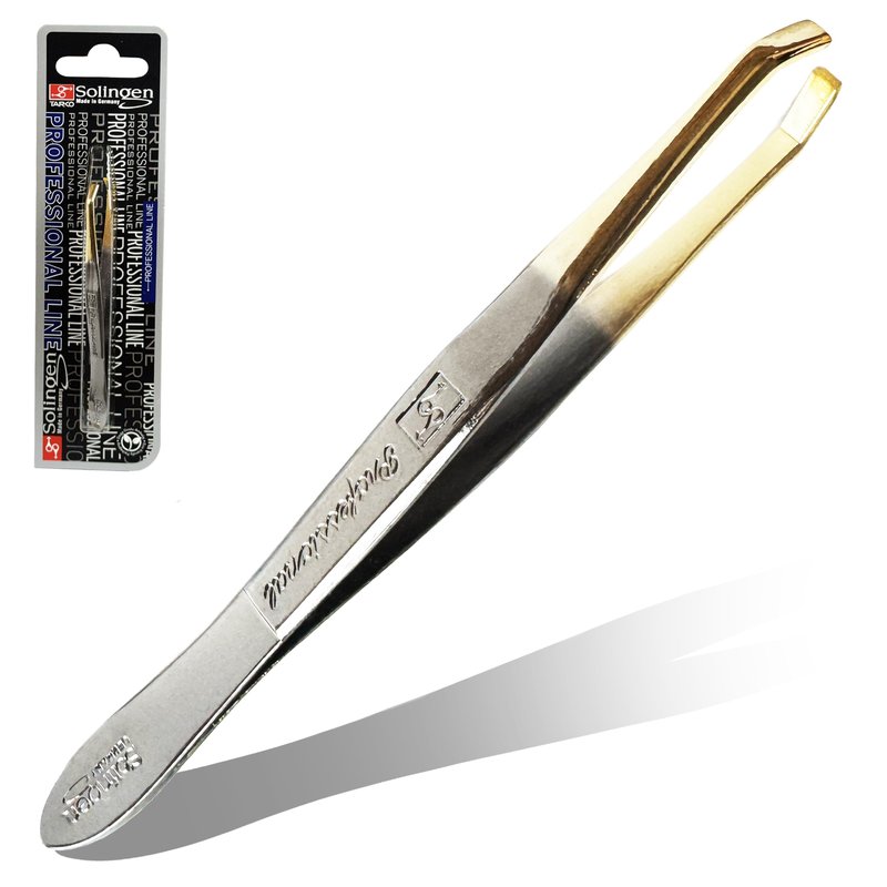 Solingen Germany Slant Tip Stainless Steel Eyebrow & Facial Hair Hand-Filed Made in Germany (Nickel-Gold)