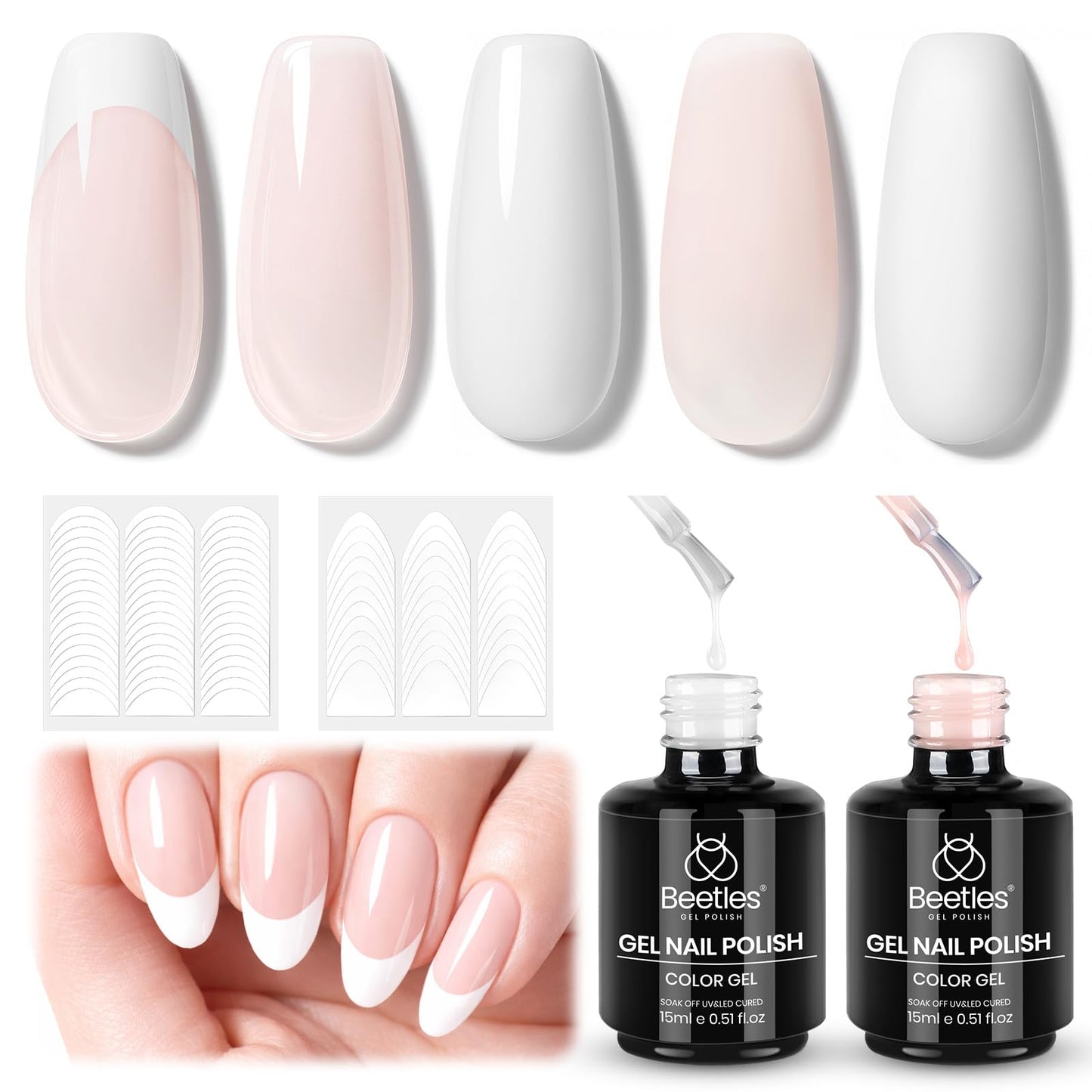Beetles French Tip Gel Polish Set - White Nude Pink French Manicure Kit with 2 Nail Art Sticker, Soak Off UV LED for DIY Home & Salon Gift for Women