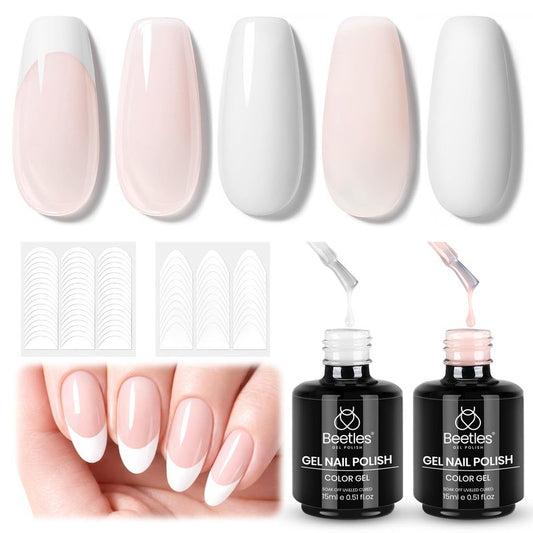 Beetles French Tip Gel Polish Set - White Nude Pink French Manicure Kit with 2 Nail Art Sticker, Soak Off UV LED for DIY Home & Salon Gift for Women