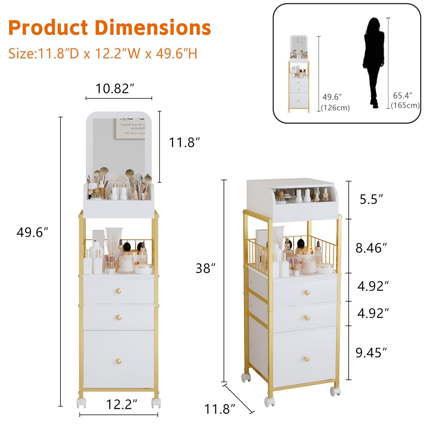 ZQUYAJ Makeup Cart Organizer with Mirror, Floor Makeup Organizer Large- Make Up Organizers Vanity Cart Cosmetic Display Cases Holder for Skin Care Perfume Nail Polish Brush Hair Tool (Gold)