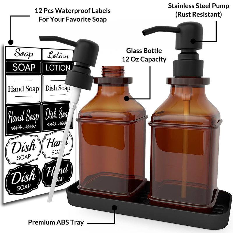 LMQML Soap Dispenser - 2 Pack, Antique Design Thick Amber Glass Hand Soap Dispensers with Sturdy Tray; 304 Rust Proof Stainless Steel Black Pump, 12Pcs Stickers, for Kitchen, Bathroom- Black