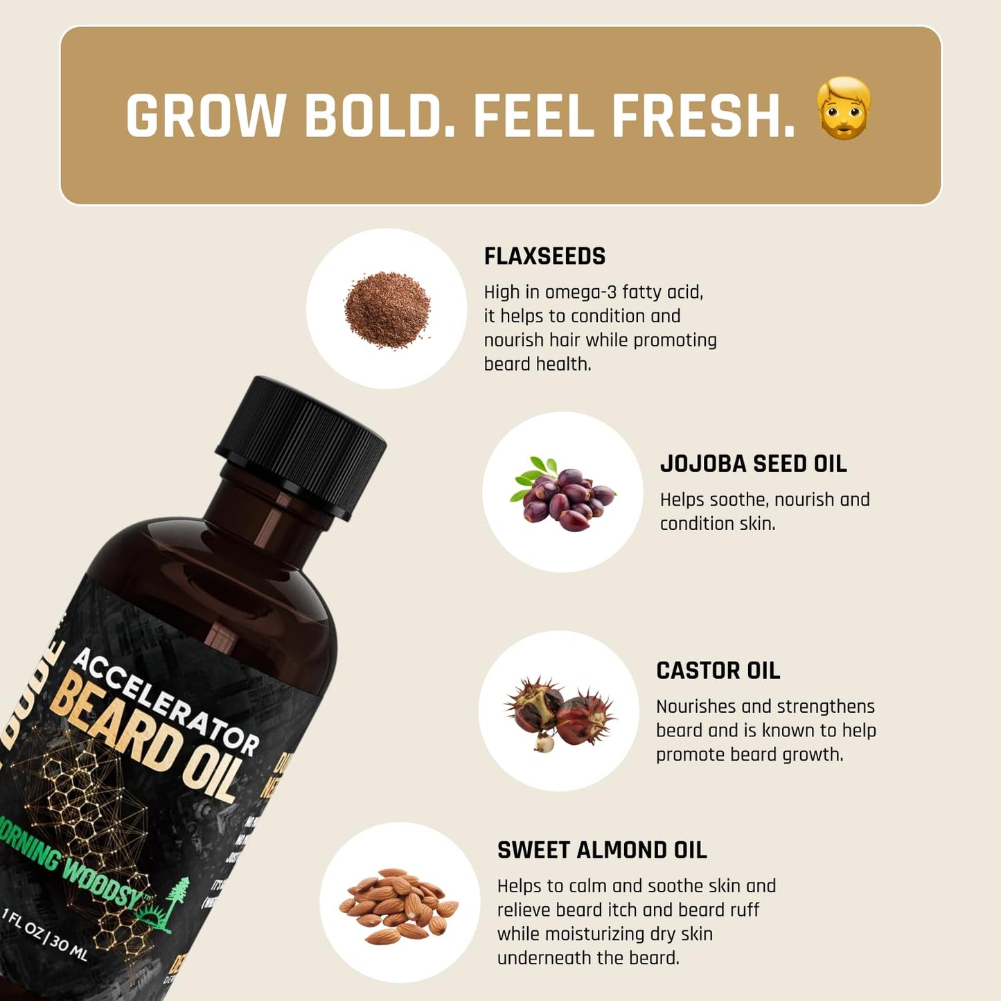 Derm Dude Accelerator Beard Growth Oil for Men | With Castor Oil & Jojoba Oil for Hair Growth | Promotes Thicker Fuller Beard | Hydrate & Soften Facial Hair, Non-Greasy - Morning Woodsy 1oz