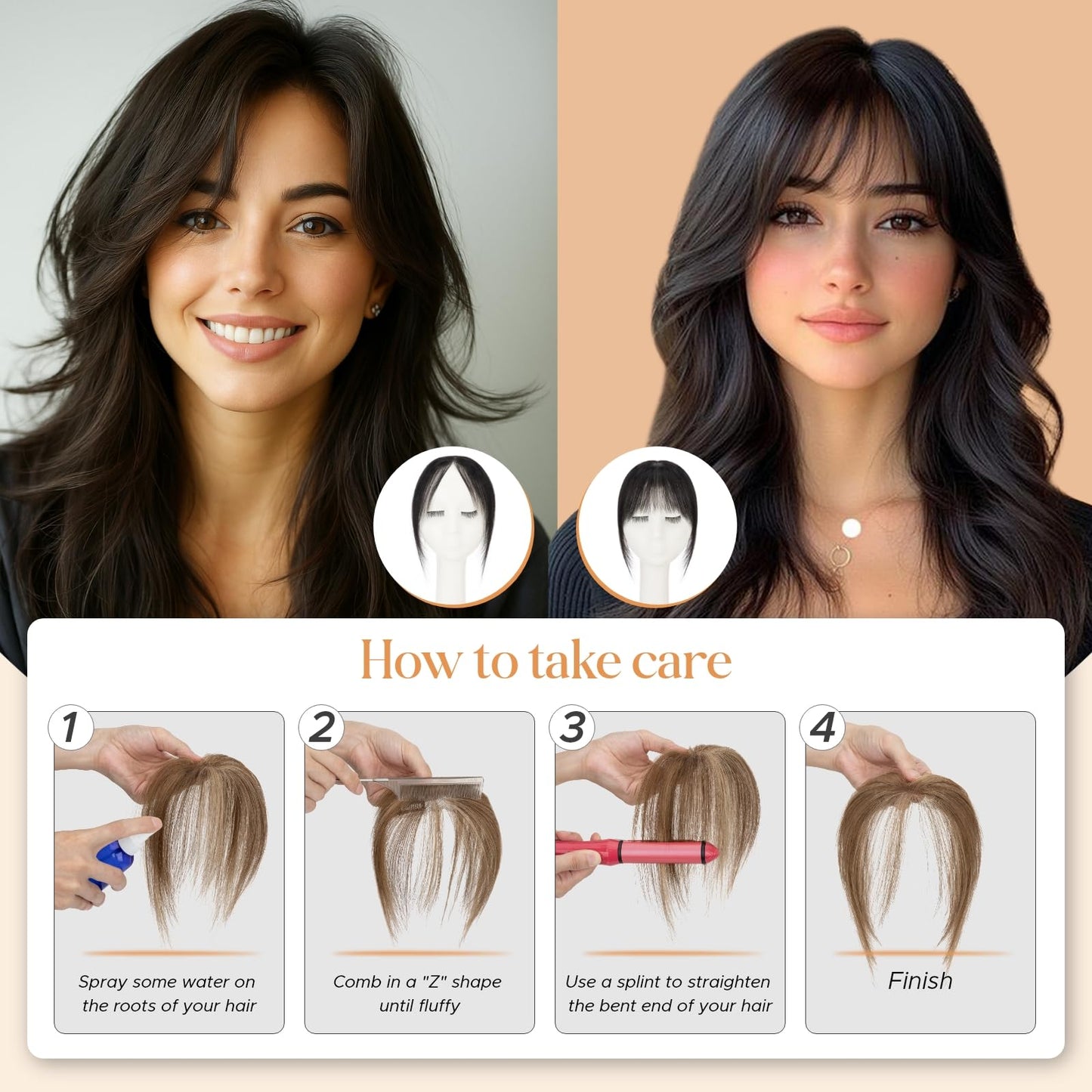 TESSHAIR Clip in Bangs, 100% Real Human Hair, Human Hair Clip in Bangs, Middle Part HairPieces, No Tangle & Smooth, 11g #4P27 Medium Brown Mixed Dark Blonde