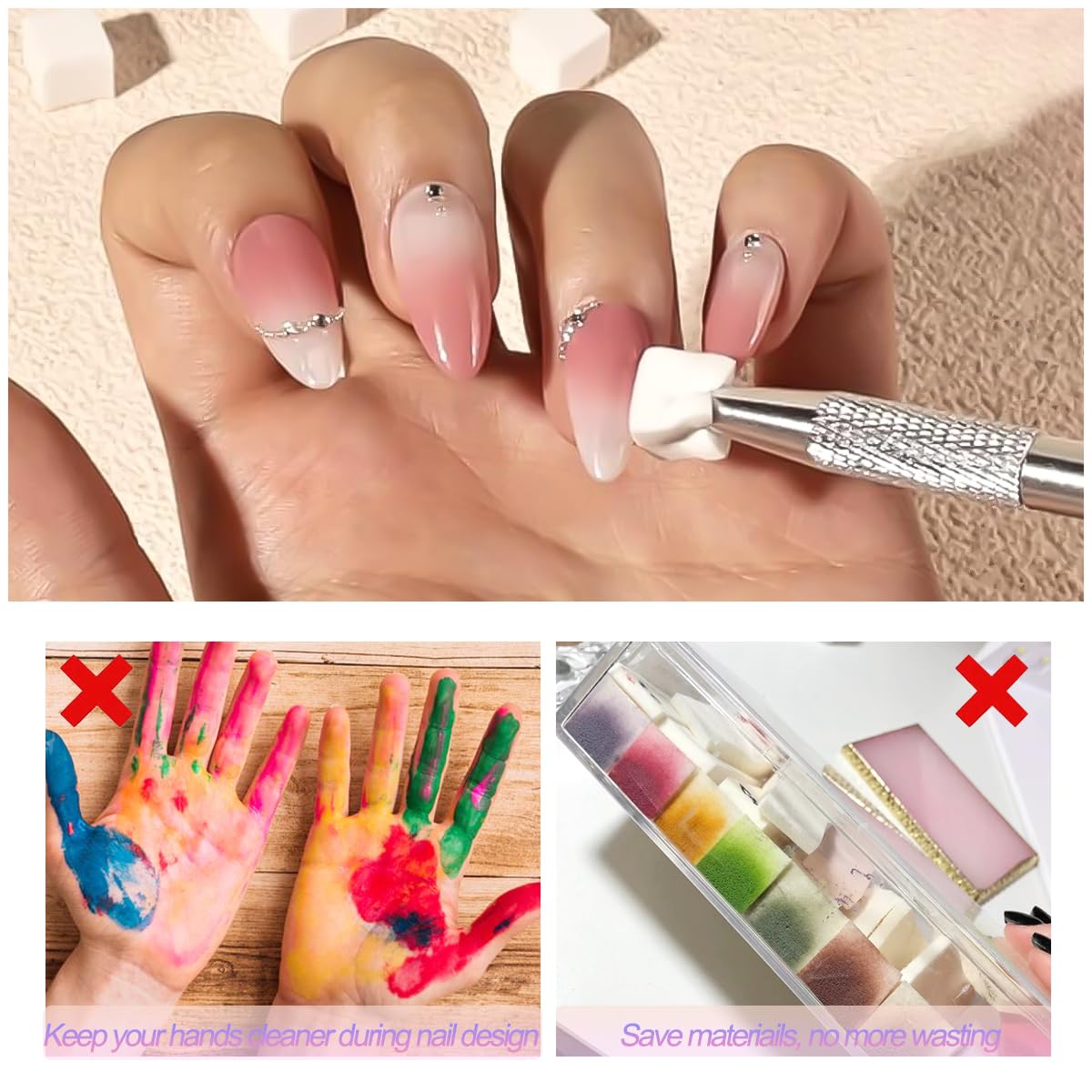 100Pcs/Box Nail Art Sponge for Ombre,Soft Nail Sponges with Grabbing Pen,Gradient Effect Painting Gel Halo Dyeing Tool Brush,Round Glass Palette Mixing Rod for Blooming Nails, Aura Nail,Manicure Salon