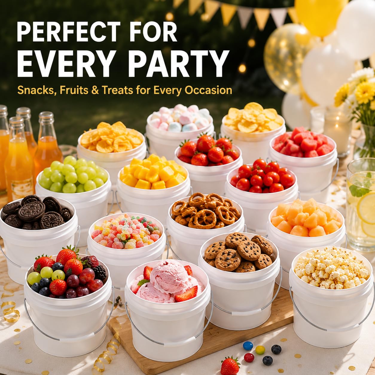 METAPACK 20 Pack 0.5-Quart Mini Plastic Buckets with Lids and Handles, Small Food Storage Pails, Candy Buckets for Party Favors, Birthday Gift Containers, Classroom Craft Storage (White)