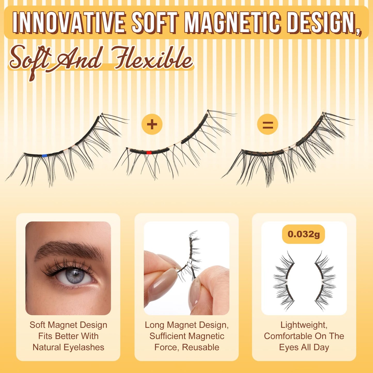 QUEWEL Magnetic-Eyelashes with Applicator, Upgrade 1 Pair Soft Magnetic Lashes, No Glue Needed Reusable Magnetic Eyelashes So Soft and Suitable for Beginners (Soft-Magnetic-B01)