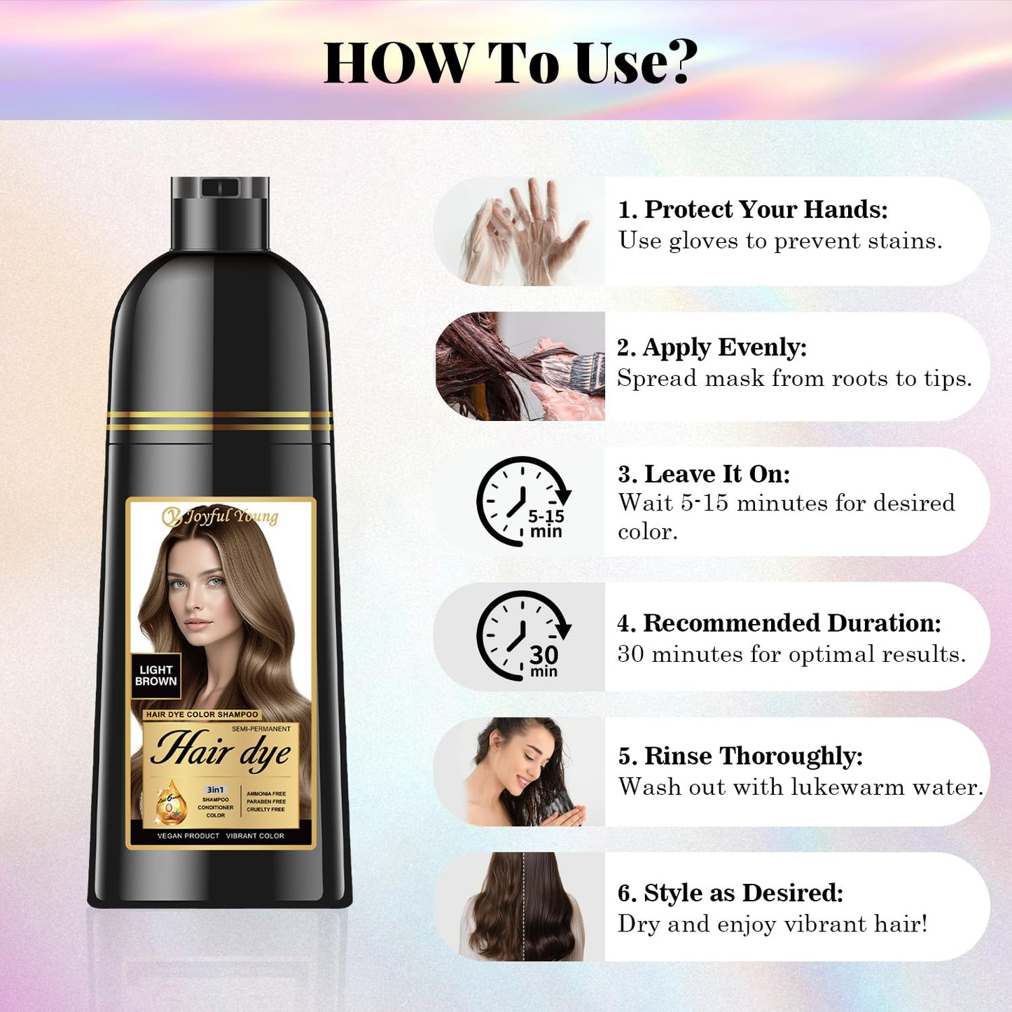 Light Brown Hair Dye Shampoo - 3-in-1 Semi-Permanent Gray Coverage | Vegan & Ammonia-Free
