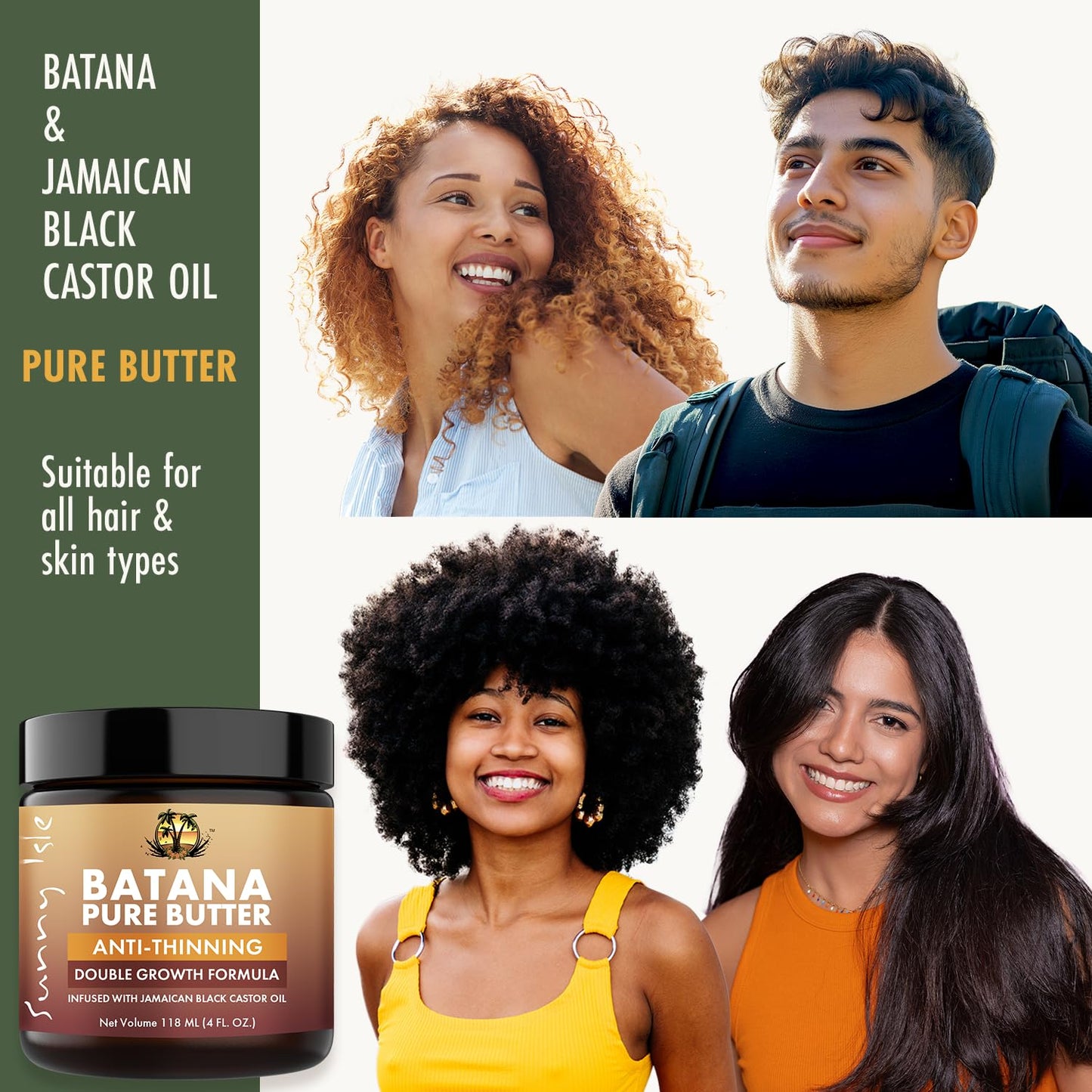 Sunny Isle Batana Pure Butter Infused with Jamaican Black Castor Oil 4 oz, Double Growth Formula