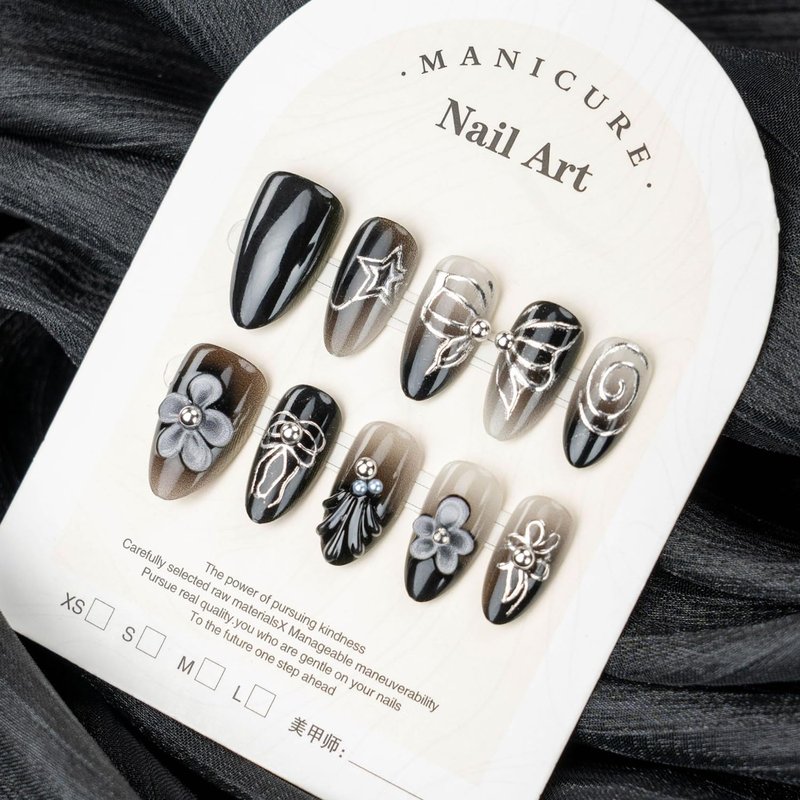 Black Press-On Nails - 30pcs Short Almond Design with 3D Flowers & Pearls | Gradient French Tips for Women