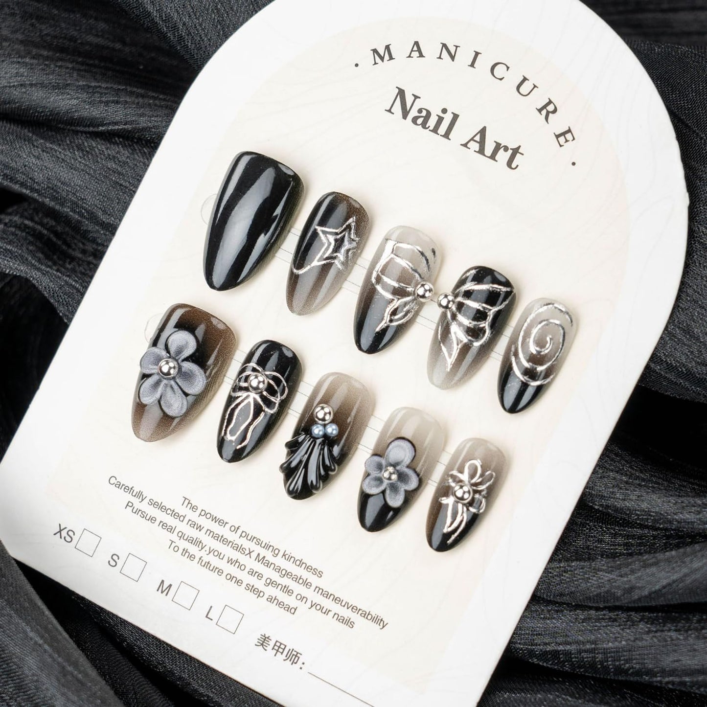30Pcs Black Press-On Nails - Short Almond Shape with 3D Flower Designs | Summer Butterfly Acrylic Full Cover