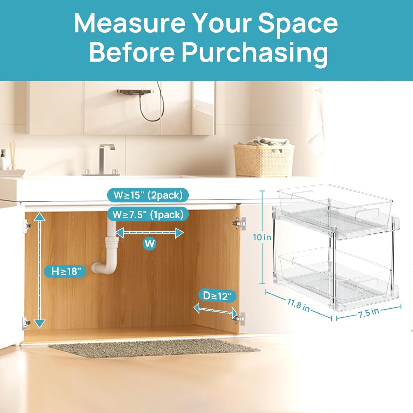 4 Pack Bathroom Organizer - 2 Tier Clear Under Sink Storage Bins | Vanity Countertop & Cabinet Drawers