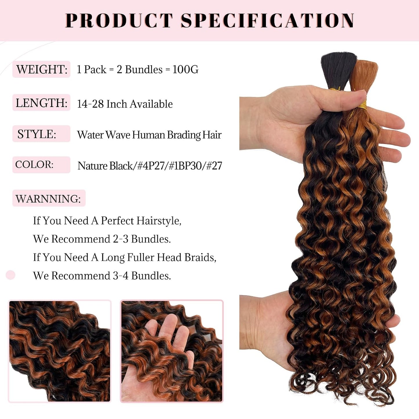 Braiding Human Hair Water Wave - 2 Bundles 100g Ombre Curly Extensions | 14 Inch Black/Brown Highlights