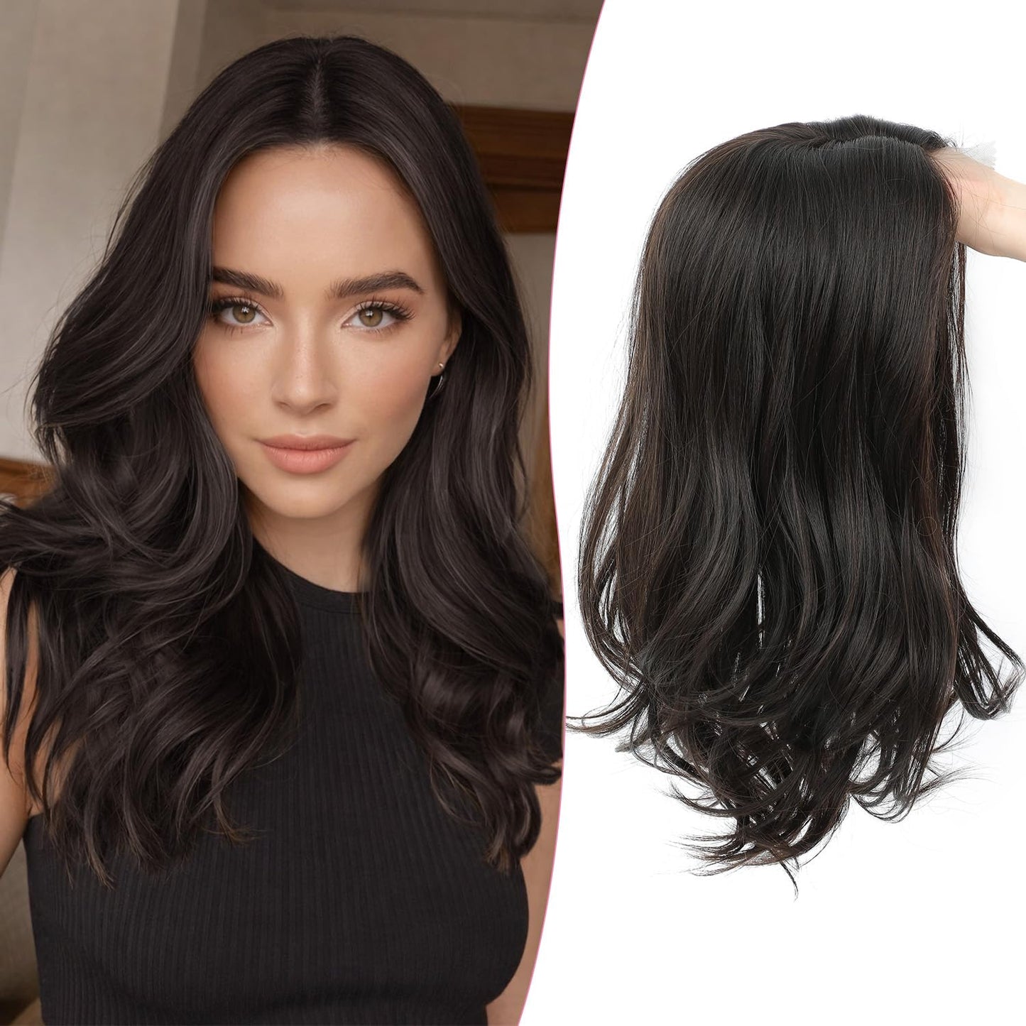18 Inch Body Wavy Hair Topper for Women - Synthetic Clip-In, Natural Part, Dark Brown Root to Blonde Ombre with Highlights